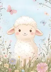 Smiling Lamb in Garden w/ Butterflies Nursery Kids Room Wall Art Print 8.5"x11"