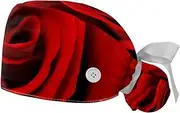 [WOSHJIUK] Working Hat 2 Pack Scrub Caps for Women,red Texture Rose,Tie Back Cap Adjustable Scrub Hat