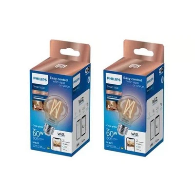 2 x Philips E27 7W 60W Smart Light Bulb LED WiZ Connected Works with Alexa