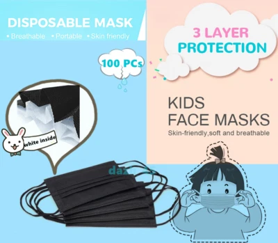 [Black]ForKIDS Children Face Mask 100Pcs Disposable 3-Ply Breathable Mouth Cover