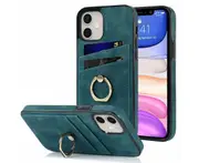 Full Protection Cover for iPhone 11, 2 Cards PU Leather Case with Ring Holder - Blue