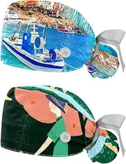 [WOSHJIUK] Working Hat 2 Pack Scrub Caps for Women,Mountain Fishing Boats Anchor,Tie Back Cap Adjustable Scrub Hat