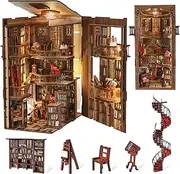 Book Nook Kit, DIY Miniature Dollhouse Booknook Kit, 3D Wooden Puzzle Bookend Bookshelf Insert Decor with LED Light for Teens and Adults (Abbey Library)