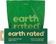 Earth Rated Dog Poop Bags, New Look, Thick Grab and Go Single Roll, Ideal for Backyard Pickups, Unscented, 300 Bags