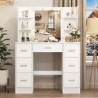 Modern Dressing Table with 7 Drawers + 6 Shelves + HD LED Mirror Makeup Desk