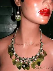 Artisan One Of A Kind Natural Pearls + Czech Glass Leaves Bib/Necklace Earrings