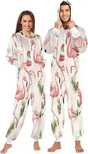 [ZZXXB] Flamingo with Christmas Hat Onesie Pajamas for Adult Women Men Long Sleeves One Piece Onesies Hooded Sleepwear S - XL