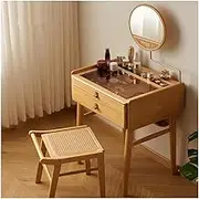 CUPKEE Japanese Vanity Desk with Rattan Makeup Stool, Dressing Desk Vanity Table Set, Creative Dressing Mirror, Glass Countertop, for Bedroom Decor and Gifts
