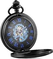 [LYMFHCH] Mechanical Pocket Watch Skeleton Hand-wind engraved Metal Blue Black