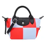 LONGCHAMP LE PLIAGE系列再生帆布方格短把手提/斜背兩用包(迷你/天藍X紅)