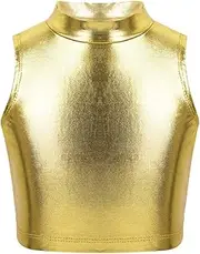 [Jugaoge] Kids Girls Shiny Metallic Mock Neck Vest Jazz Modern Dance Crop Tops Performance Dancewear