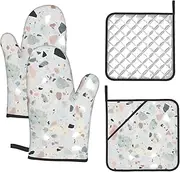 4 pcs Oven Mitts and Pot Holders Set 500°F Heat Resistant Oven Gloves and Hot Pads Kitchen Mittens Terrazzo Marble Pastel Cooking Gloves Potholders for Baking Grilling
