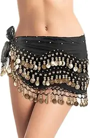 [KGDUYC] Dance Skirts for Women Chiffon Hip Scarf Belly Dance Belt Belly Dance Costume Hip Scarf with Coin Belt Skirt Belt Oriental Dancer Style Belly Dance Silk Scarf Sequin (Black)