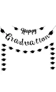 Whaline 3Pcs Graduation Banner Glitter Black Happy Graduation Banner Grad Cap