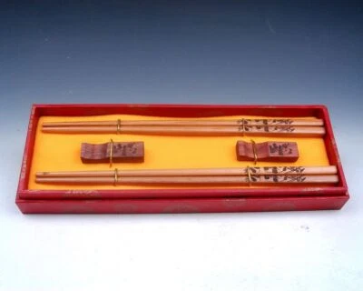 Gift Set 2 Pairs Chinese Pandas & Bamboos Painted Wooden Chopsticks w/ 2 Holders