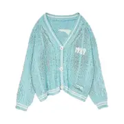 Taylor Swift 1989 Women V-neck Cardigan Long Sleeve Sweater Embroidered Cable Knitted Open Front Button Up Tops Fans Swiftie Gift Blue M