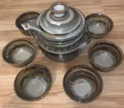 Greg Olson Stoneware Studio Pottery Soup Bowl Set with Serving Tureen And Ladle