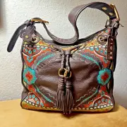 FIORE Embroidered Leather Floral Folk Art Boho Hobo Purse Bag Tassel NWT