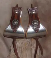 New Wide US Made Metal Bound Bell Stirrups 5" + Berry Conchos, Hand Tooled. G&E