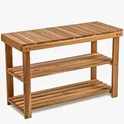 Homodoskey Wooden Shoe Rack Bench, 3-Tier Sturdy Shoe Organizer, Acacia Wood Shoe Shelf, 300 LBS Load Capacity, Perfect for Closet Entryway Bathroom Bedroom