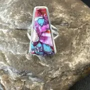 Blue Turquoise Spiny Oyster Southwestern Sterling Silver Ring Size 6 18473