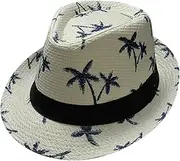 Parent Child Adult Beach Wind Travel Tree Printing Paper Straw Jazz Hat Seaside Sun Men Women Soft Warm Unisex Cuffed, White-d, One Size