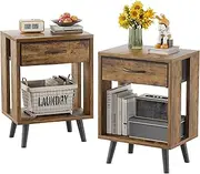 GYIIYUO Nightstand Set of 2 with Fabric Drawers and Open Shelves - Rustic Bedroom Side Tables