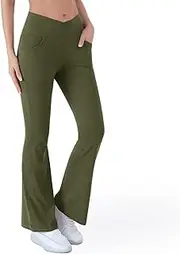 [AHUGDSB] Wide Leg Trousers for Women, Stretch Flared Leggings with Pockets High Waisted Casual Bootcut Yoga Pants Workout Dance, Ladies Elasticated Smocked Waist Lounge Pants with Pockets