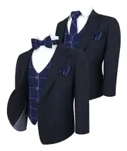 Designer Page Boys Wedding Navy Blue suit with Navy Tweed Check Waistcoat Set