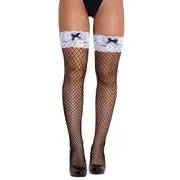 Love In Leather Fishnet Thigh High with White Lace Top Stockings