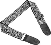 uxcell Guitar Strap, Cotton Webbing Leather Ends Straps Vintage Embroidered 2" Wide Adjustable Straps with Black Buckle for Acoustic, Electric, Bass Guitars, Black-White Pattern