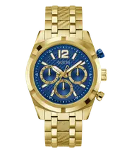 Guess Resistance Brushed Gold Tone Case With Polished Gold Tone Bezel Sunray Blue Multifunction With A Brushed And Polished Gold Tone Bracelet GW0714G2