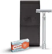MERKUR 5005 Travel Shaving Set featuring MERKUR 23C Three-piece Safety Razor with Long Handle & Bright Chrome Finish, 10 Double Edge Blades & Black Leather Case | Made In Germany