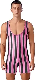 [Linjinx] Mens Swimsuit Striped Wrestling Singlet Sleeveless Romper Jumpsuit for Gym Sports