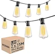 Roshin 30M (15M x 2) LED Festoon Lights Outdoor - 30+2 Bulbs Christmas String Lights, IP45 Waterproof and Shatterproof Fairy Lights for Garden, Party, Camping (ST38)