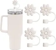 Flower Straw Covers Toppers for Stanley Cups 30&40 Oz Tumbler with Handle Accessories 4PCS Silicone Straw Caps Reusable Straw Tips Protectors for Stanley Cup 10mm 0.4in Straws,Off White
