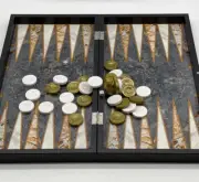 Handmade Wooden Chess Pieces with Gray Backgammon Board and Chess Set