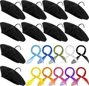 [Laumoi] 20 Pcs Wool Beret Hat French Beret Bulk Artist Beanie Beret Party Hats with Color Neck Scarf for Adult Child