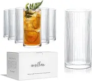 INSETLAN 370 ml Ribbed Long Drink Glasses, Set of 6 Water Glasses, Drinking Glasses, Ideal for Whisky, Beer, juices, iced Coffee and Cocktails, Dishwasher Safe, high-Quality Drinking Glasses and