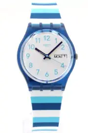New Swiss Swatch STRIPED WAVES White-Blue Silicone Day-Date Watch 34mm GN728 $75
