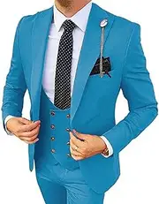 [JEShifangjiusu] Men's 3 Piece Suit Jacket One Button Single Breasted Tuxedo Blazer Formal Wedding Groomsmen Sport Coat Slim Fit Prom Suits Set with Vest Pants, Lake Blue, S