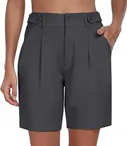 [MoFiz] Women's Shorts Dressy Casual Business Work Shorts Elastic Waist Straight Leg Pleated Summer Bermuda Shorts with Pockets