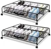 XSCQ Under Bed Shoe Storage with Wheels, Space Saving Shoe Organizer with Sturdy Metal Frame & Breathable Mesh, Suitable Under the Bed, Sofa and Desk, 2 Packs