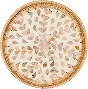Natural Rattan Tray Shell Inlay Bread Fruit Coffee Snack Tray Handwoven Round Serving Tray Ottoman Tray Valet Tray Rattan Baskets Woven Serving Tray for Table Decor Storage and Display (Golden)