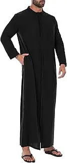 [YAOHUOLE] Thobe for Men Long Sleeve Full Button Up Kaftan Abaya Long Gown Muslim Robes Stand Collar with Pocket
