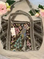 Johnny Was Large Grey Velvet Hobo Bag Tote Purse Peacock Embroidered Crossbody