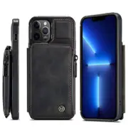 For Apple iPhone 13 Pro CaseMe Back Zipper Wallet Case W/ 3 Card Slots, RFID Blocking, 1 Money Pocket, Credit Card Holder Leather Cover (Black)