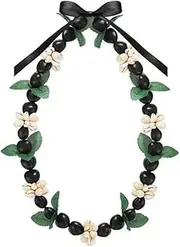 [Hilufiet] Hawaiian Graduation Kukui Nut Leis Flower Necklace Ribbon Bow Tie Closure Adjustable Acrylic Heart Shell Beads for High School College Graduation Student