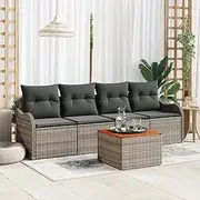5 Piece Outdoor Patio Sofa Set, Grey Poly Rattan Furniture with Cushions, Modular Garden Daybed for Balcony