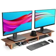 Large Dual Monitor Stand Riser, Solid Wood Desk Shelf with Eco Cork Legs for